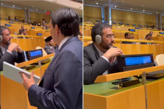 Embaixador de Israel na ONU exibe aparelho Starlink para diplomata do Irã durante Assembleia Geral